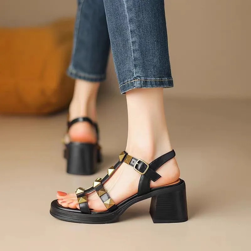 

New Summer Women Platform Sandals Square Head Metal Rivet Decor Roman Sandals Belt Buckle Genuine Leather Chunky Heeled Sandals