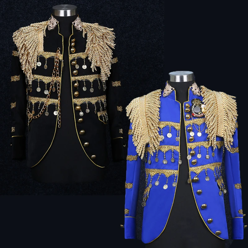 

Men's Luxury Fashion Military Blazer Jacket Vintage Palace Hanging Tassel Tuxedo Irregular Coat Singer Stage Performance Wear