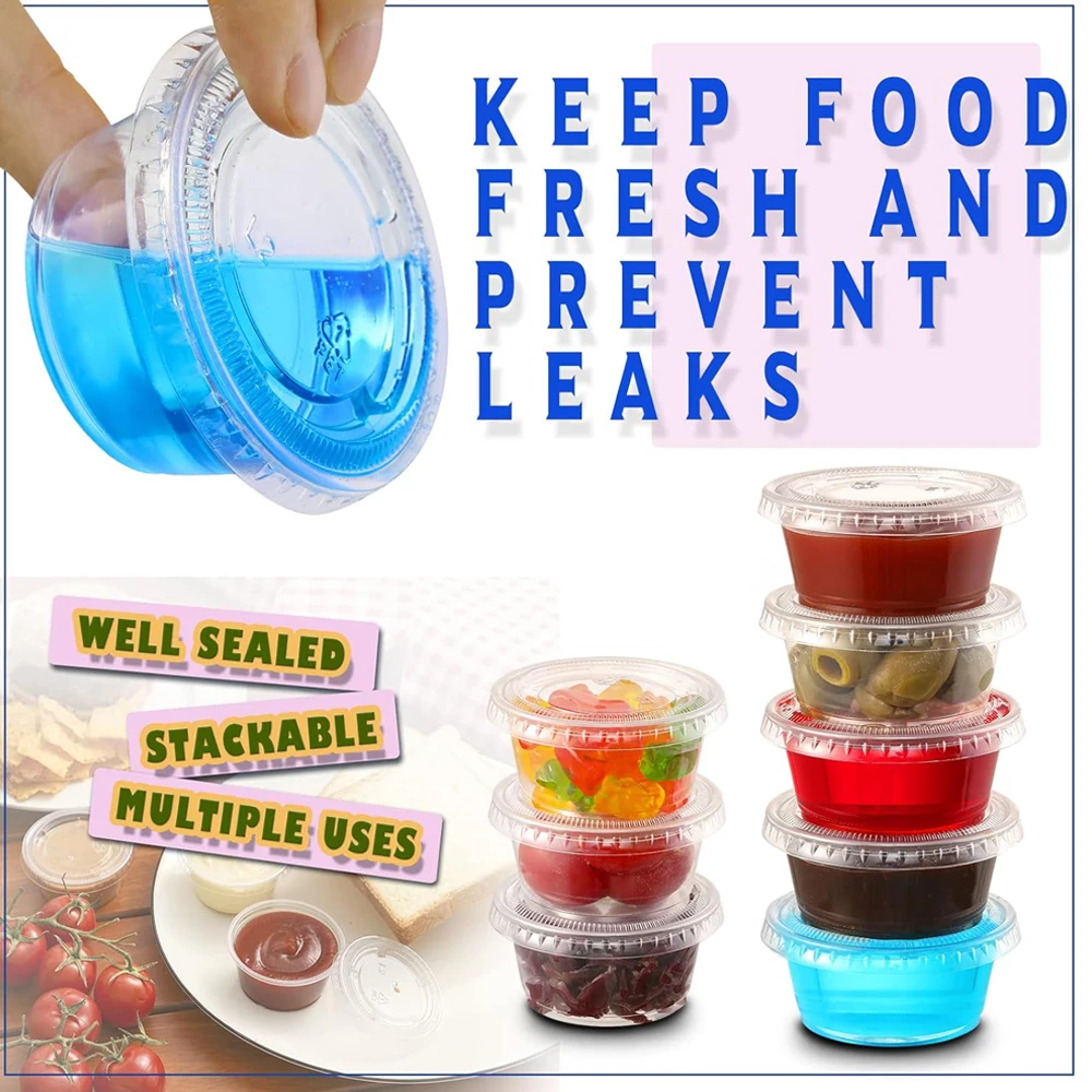2OZ Jello Shot Cups, Small Plastic Containers with Lids, Airtight and Stackable Portion Cups, Salad Dressing Dipping Sauce Cups
