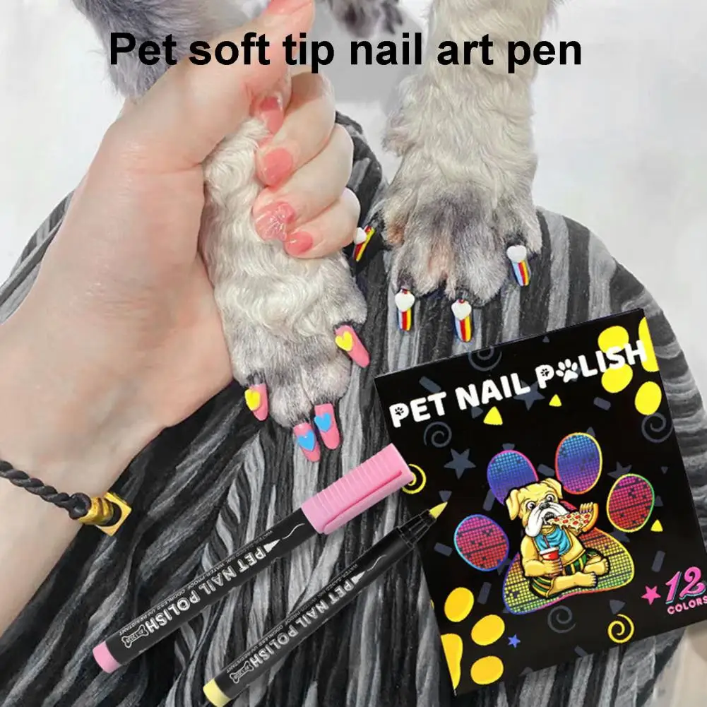 12 Bright Colors Pet Nail Art Pen 12-color Quick Dry Pet Nail Art Pen Set for Puppy Cat Soft Brush Tip Dog Polish for Small