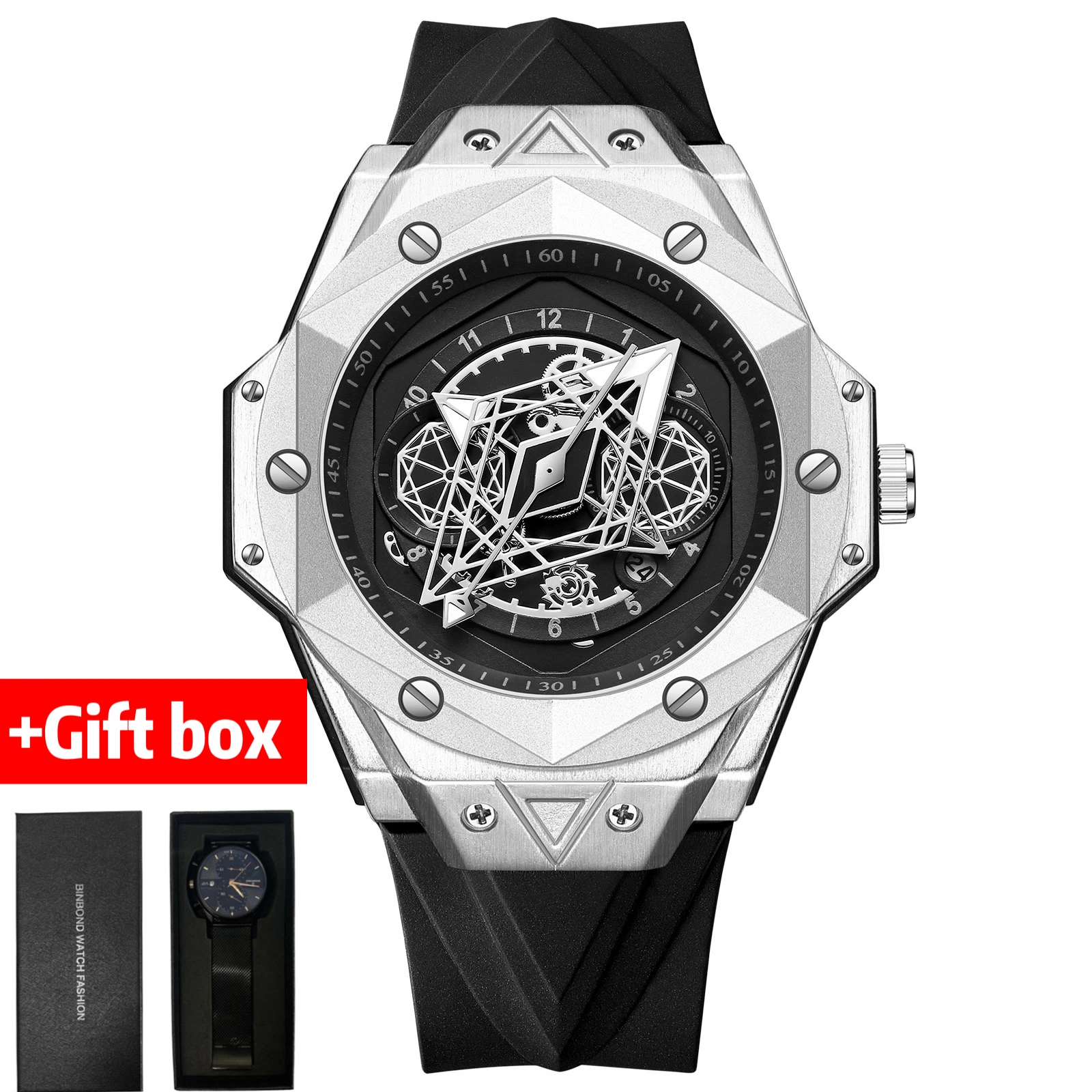 

Gift box Watch Top Brand Original Sports Quartz Mens Watches Full Steel Waterproof Chronograph Wristwatch Men Relogio Masculi