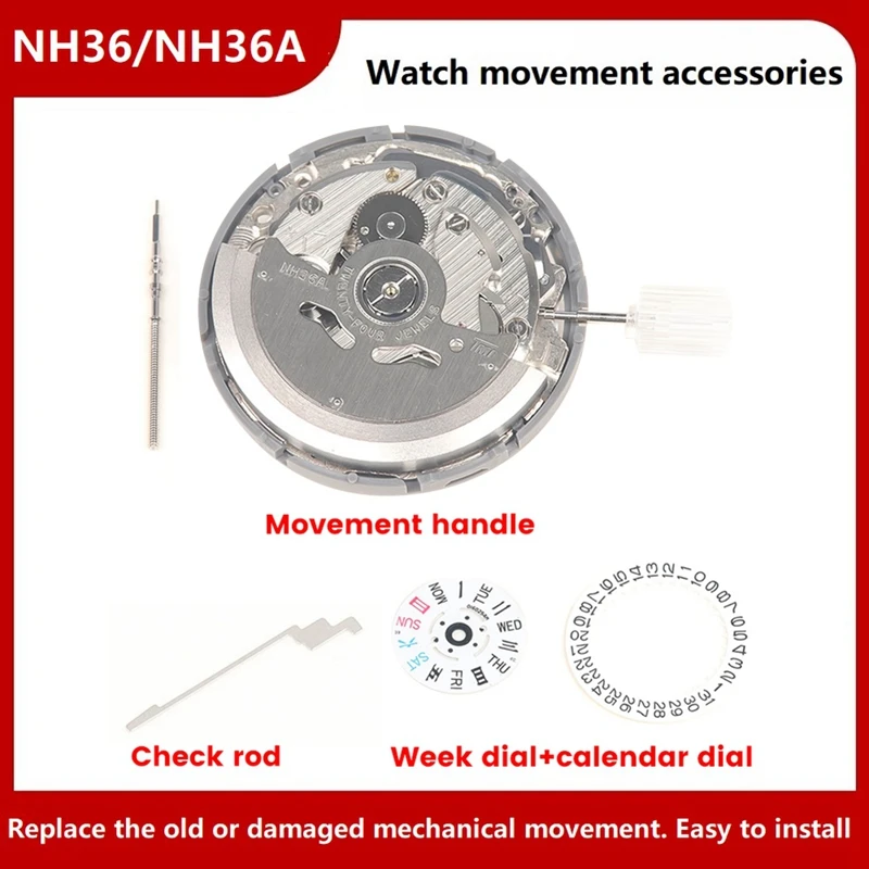 

NH36/NH36A Movement +Steel Stem+Week Dial+Calendar Dial+Check Rod Kit High Accuracy Automatic Mechanical Watch Movement