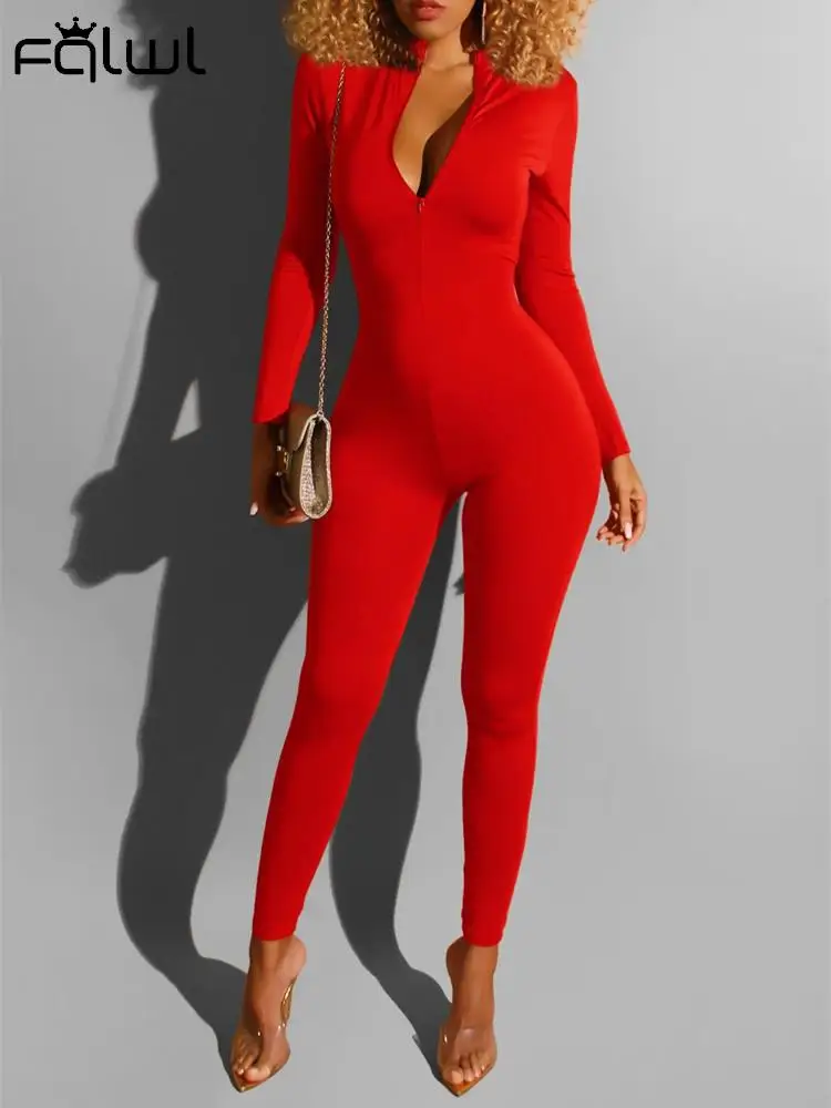 Fqlwl Spring Solid Bodycon Jumpsuits For Women Fashion Red Long Sleeve V  Neck Zip Up One Pieces Black Streetwear Jumpsuit Female - Jumpsuits -  AliExpress