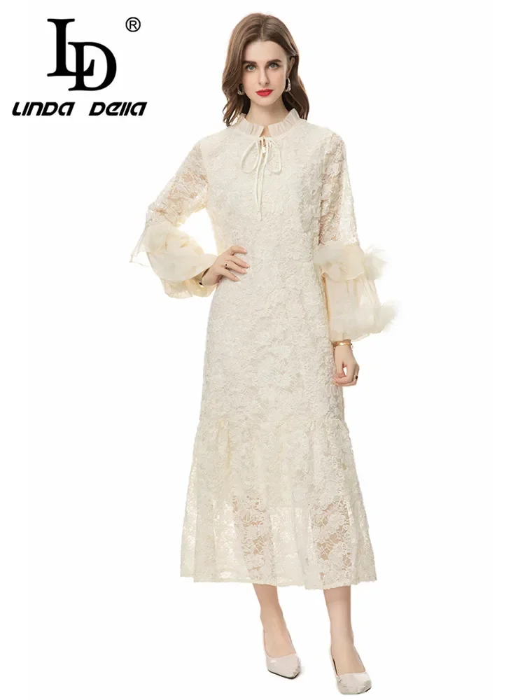 

LD LINDA DELLA Summer New Style Elegant Pretty Dress Women's Floral Appliques Net Yarn Hollow Out Ruffles V-Neck Long Dresses