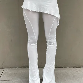 Absobe 여성용 비대칭 패치워크 프릴 플레어 롱 팬츠, 로우 라이즈 단색 슬림 캐주얼 바지, 가을 스트리트웨어