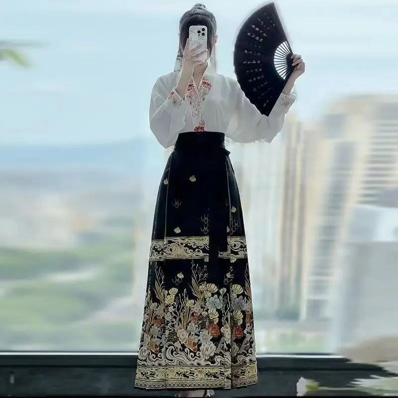 워터 호스 페이스 마미안 퀸 스커트, 블랙 한푸, 중국 스타일, 현대 자수 항공기 슬리브, 통근 작업, 데일리 웨어, 4XL100KG