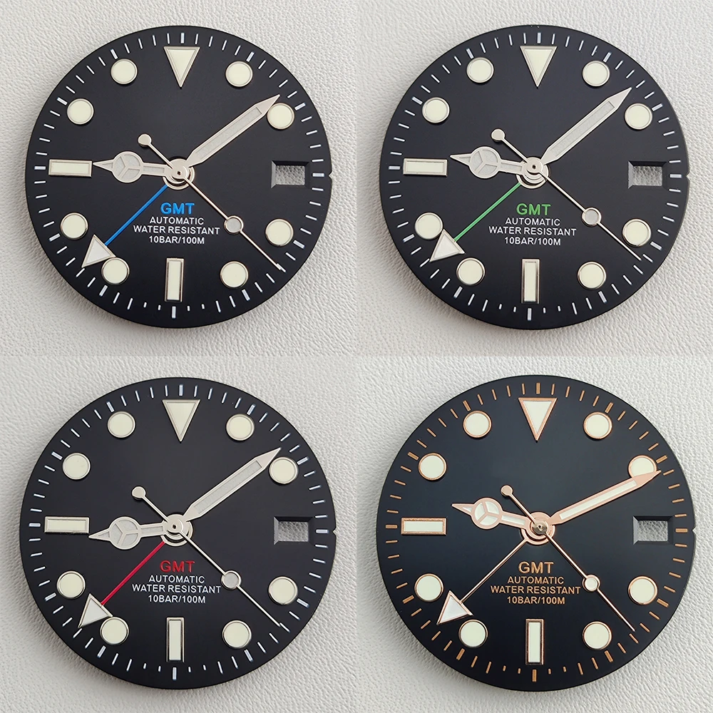 

Циферблат 29 мм NH34, светящийся циферблат NH34 hands GMT с четырьмя зелеными стрелками для NH34, модифицированные циферблаты, запасные части для часов