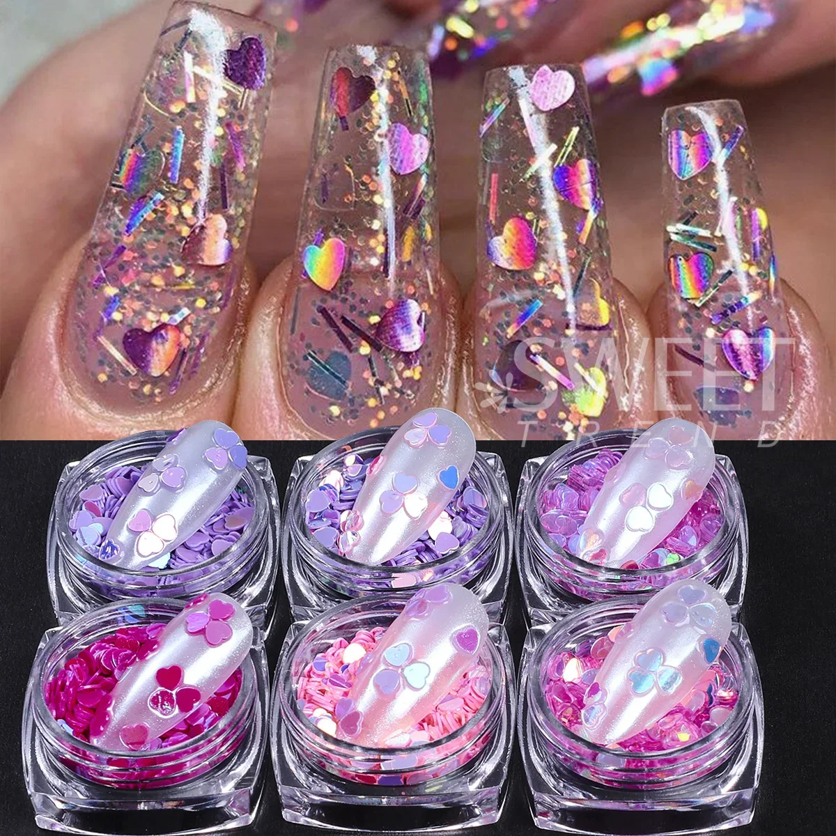 12pcs Pink Purple Series Heart Nail Sequins Iridescent Macarons Color Love Slices Spangles DIY Valentine Glitter Flakes Manicure