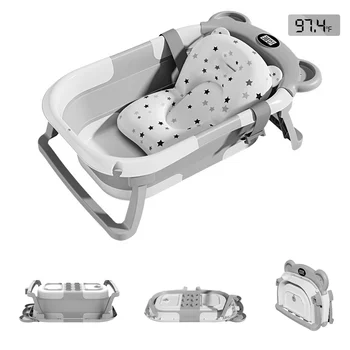 Vasca da bagno pieghevole per neonati con termometro e 1 cuscino galleggiante morbido, vasca da bagno da viaggio portatile con foro di scarico, vasche per bambini 1