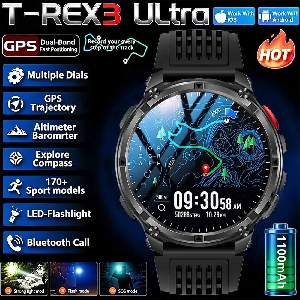 2026 New T-Rex3 Pro 1100mAh Battery Smart Watch GPS path 5ATM Waterproof Sports Run tracker Outdoors Compass Military Smartwatch 1