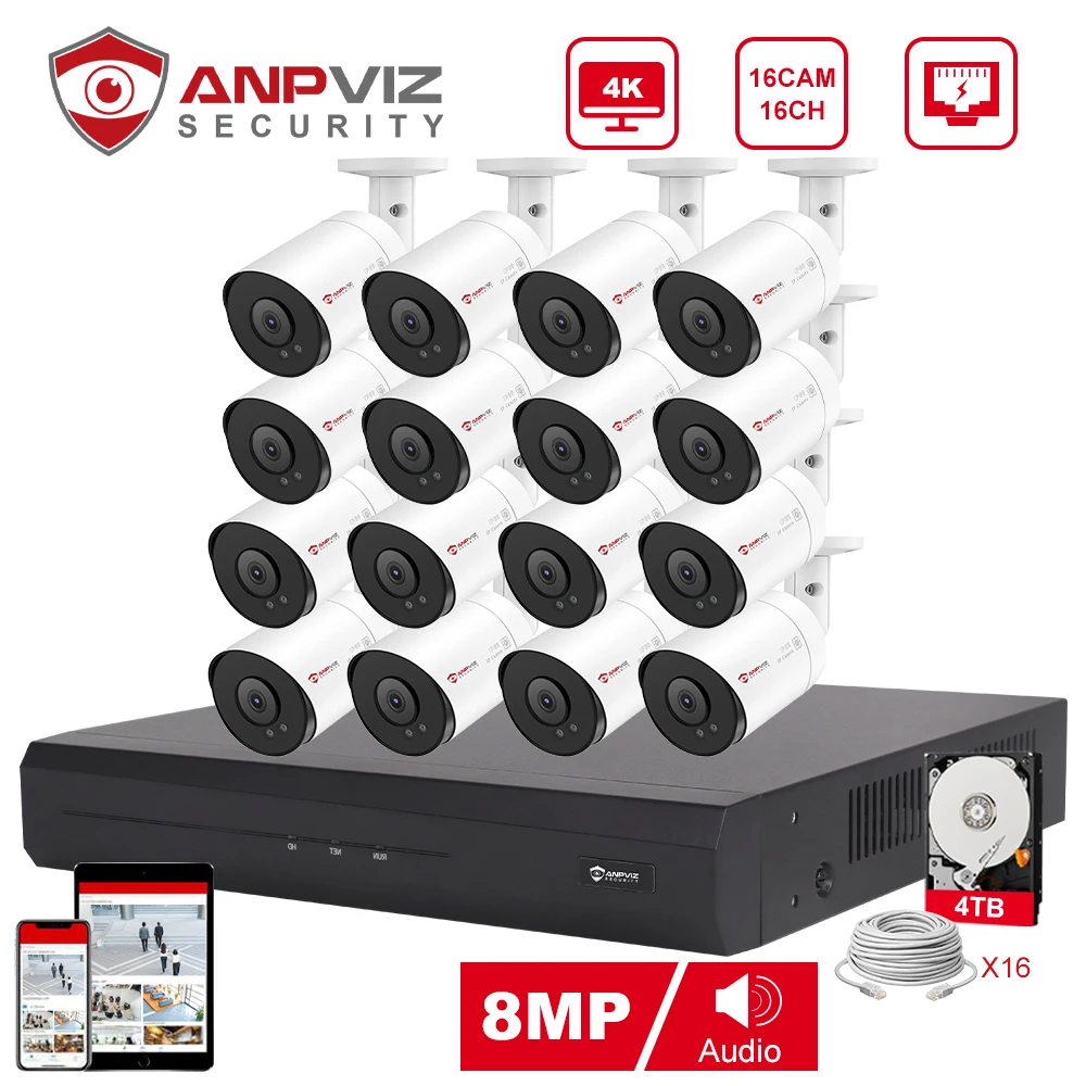 Anpviz NVR 16CH NVR 8MP POE IP Camera System Outdoor CCTV Video Security Surveillance Kit IP66 IR 30m Humanoid vehicle Detection