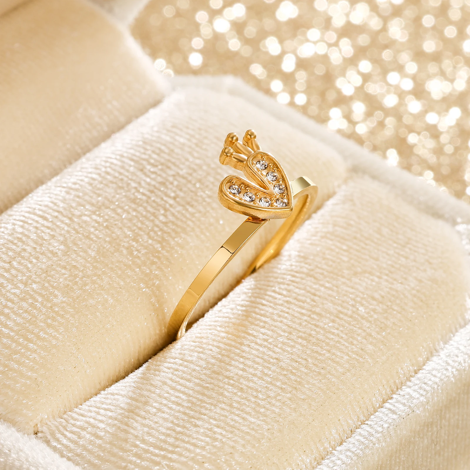 MEDFOLY Size:6-9 Crown Love Heart Rings for Women Exquisite Stainless Steel Gold Cubic Zirconia Rings Promise Wedding Jewelry