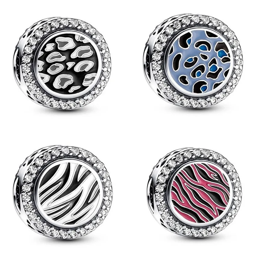 

Authentic 925 Sterling Silver Black Blue Leopard Print & Pink Zebra Pattern Charm Fit Women Pandora Bracelet & Necklace Jewelry