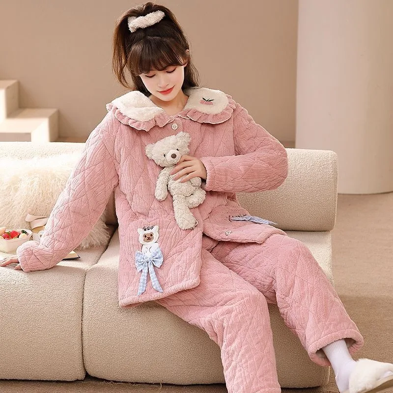 Coral Velvet Sleep Clothes Suit Thickened Three-layer Cotton Jacket Pajamas Winter Princess Style Sweet Girl Cardigan Lapel Sets