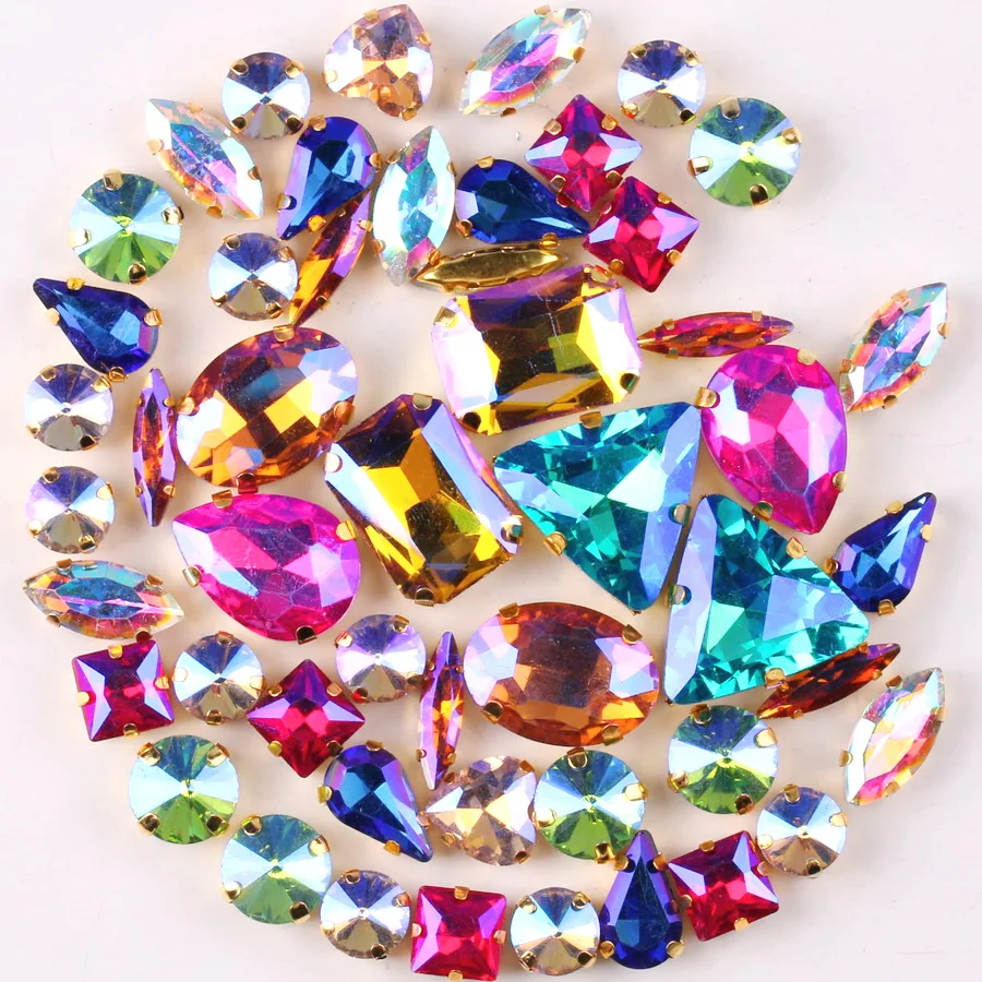 50pcs Multicolor Oval Claw Rhinestones Golden Flat Back Shiny Beads Trim  Sew On Rhinestones For Clothes Decoration