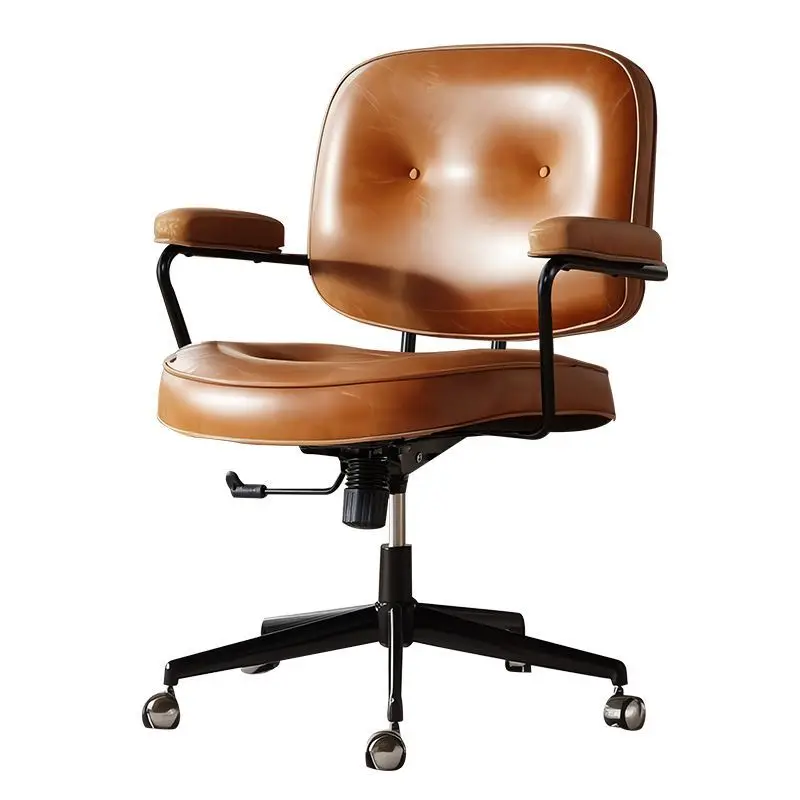 Vintage Leather Office Chair Ergonomic Bedroom Computer Comfortable Long Sitting Desk with Backrest Home Study Seat Retro Design