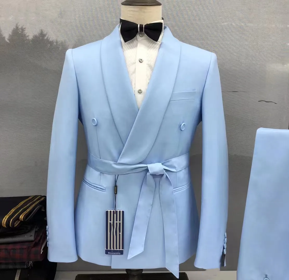 Fashion Light Blue Wedding Suits Men Paired with Belt Formal Groom tuxedos Shawl Collar Prom for Male Blazer Slim Fit