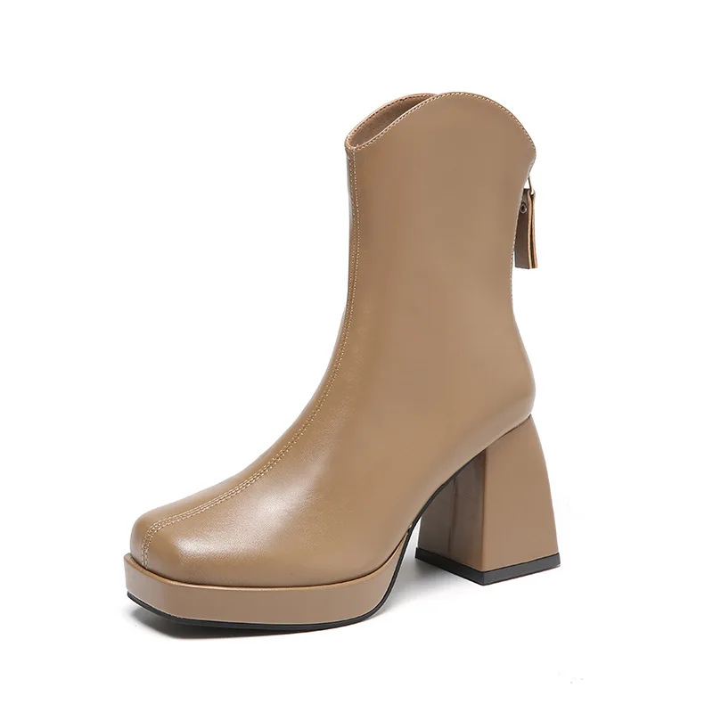 Women Boots Leather Square High Heel Ankle Boots Round Toe Winter Shoes Woman Warm Comfort Fashion Platform Zipper Boots Black