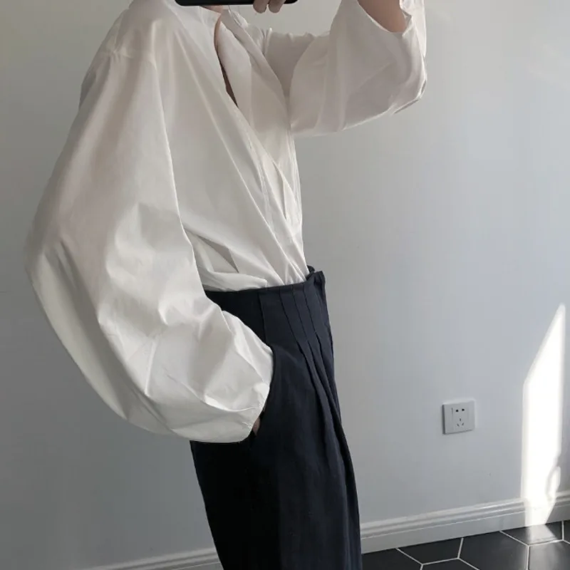 

Spring New South Korean Retro Lantern Sleeve Round-collar Pullover Loose Shirt J20190300067