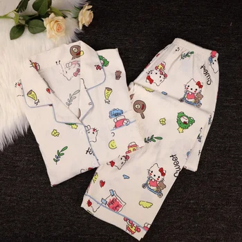 جديد مرحبا كيتي منامة مطبوعة مجموعة المرأة طويلة الأكمام ملابس خاصة المتسكعون مريح لطيف المنزل الزي ربيع الخريف ​   الموضة الكورية