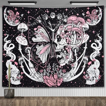 Tapisserie crâne Trippy champignon tapisserie serpent Hippie psychédélique tapisserie esthétique papillon lune et étoiles tapisserie tenture murale 1