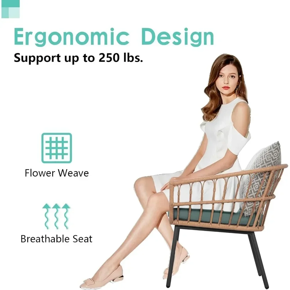 3 Pieces Outdoor Furniture Patio Bistro Set All-Weather Wicker Conversation Set with Tempered Coffee Table, Wicker Chairs