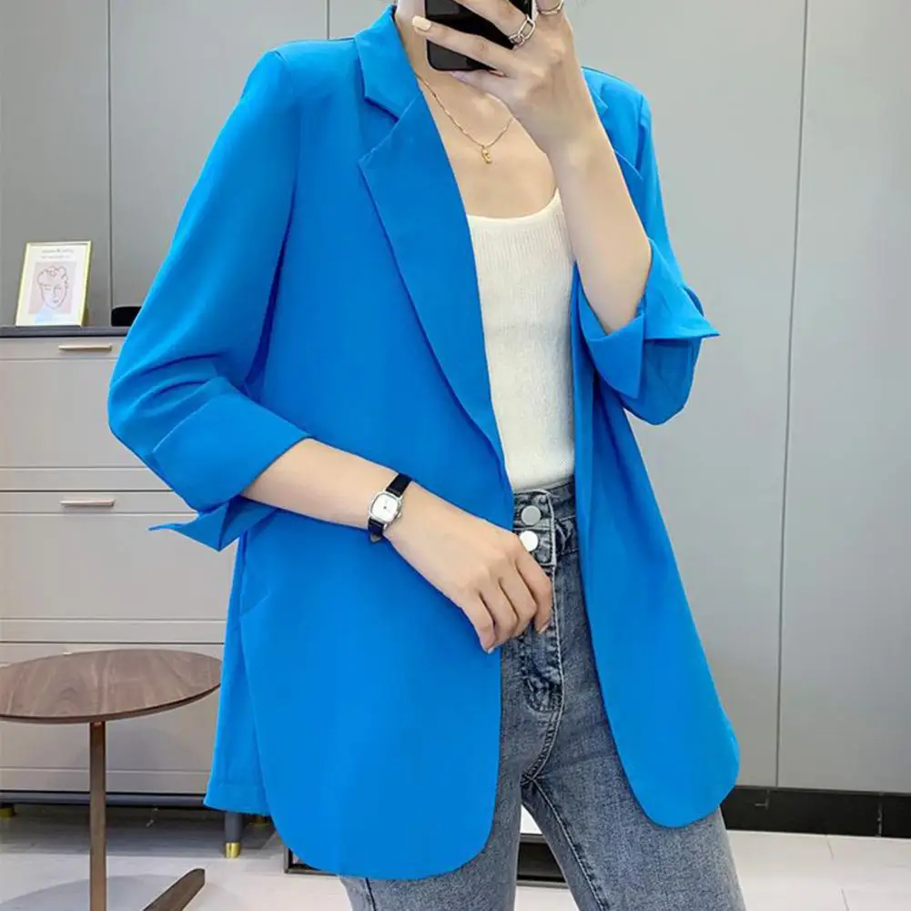 

Mid Length Women Summer Blazer Solid Color Long Sleeves Summer Sunscreen Coat Lapel Notch Collar Lady Blazer