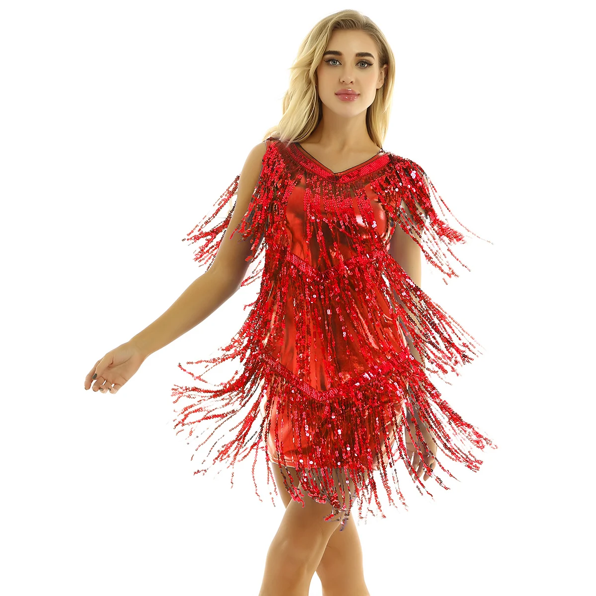 

Women Tassels Latin Dance Dress Ladies Sleeveless Sparkling Sequin Fringe Ballroom Samba Tango Performance Party Dancing Dress