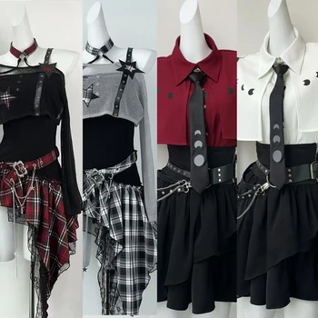 2026 Gothic Harajuku 2 Piece Sets Womens Vintage Y2k Crop Top Blouse + Black High Waist Retro Skirt Belt Party Vintage Sets Chic 1
