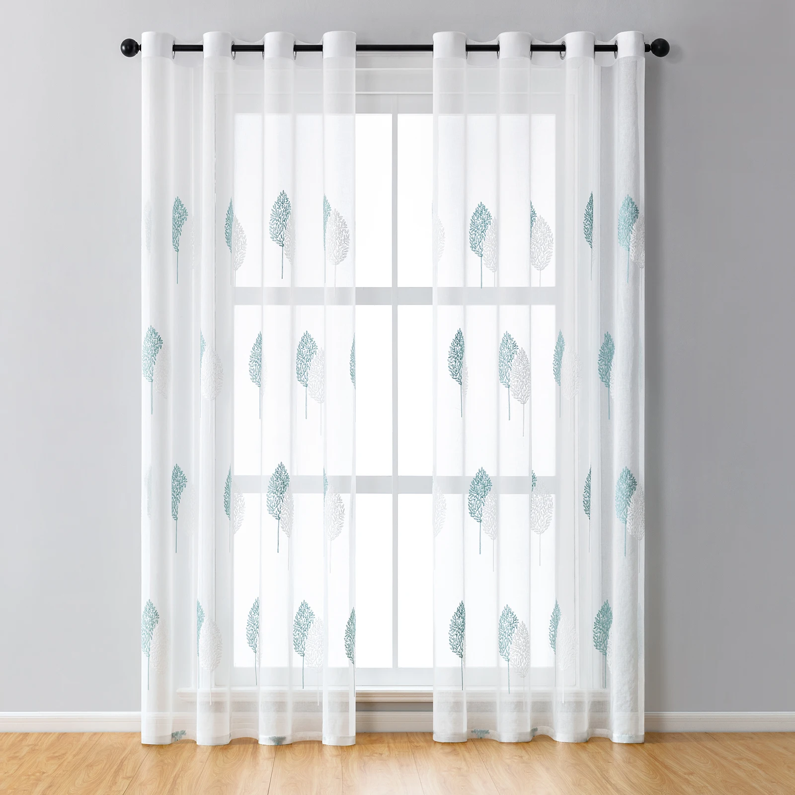 Long Sheer Curtain - Embroidered Voile Curtain Panels with Rod Pocket for Bedroom & Living Room