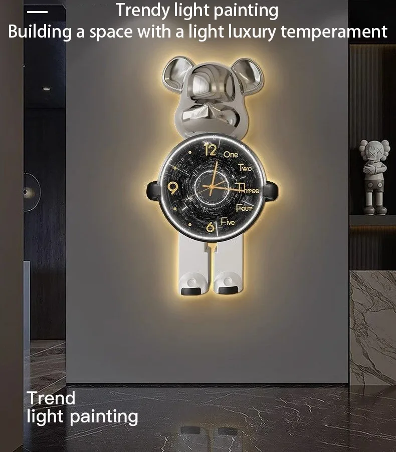 Trendy Bear Wall Clocks Living Room Led Light Wall Clocks Hanging Painting Modern Clock Luxury Entrance Clock Cartoon Brief