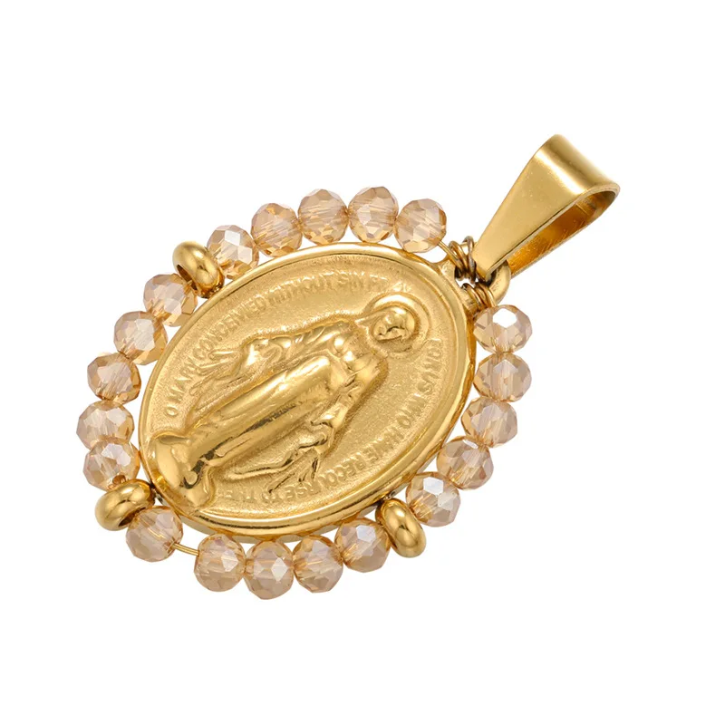 Elegant Virgin Mary Pendant Necklace | Stainless Steel Pearl Beaded Choker in Gold and Rainbow Tones