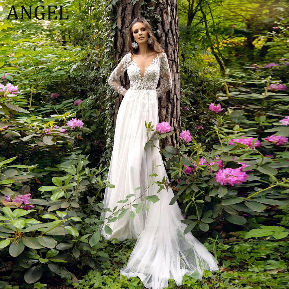 

ANGEL Lace Long Sleeves Weeding Dresses Sexy V-Neck A-Line Bridal Gowns Romantic Backless Tulle Custom Made Appliques Boho