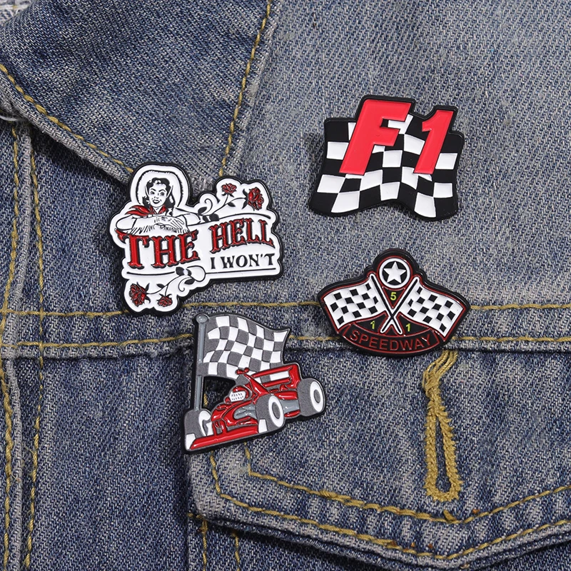 Rennwagen Gewinner Flagge Brosche Emaille Pins lustig kreativ die Hölle ich nicht Broschen Kleidung Revers Abzeichen Schmuck Zubehör – Detail 9