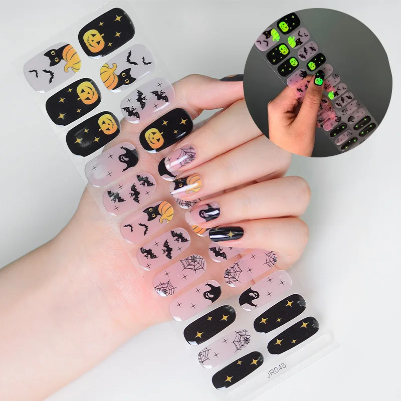 Halloween Pumpkin Ghost Gel Nail Art Stickers Adhesive Waterproof Semi Cure Gel Nails Wraps for UV Lamp Need Charm Manicure
