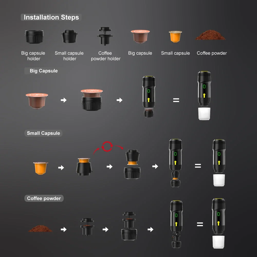 Description Picture 2 of itemWireless Electric Portable Espresso Coffee Machine for Car & Home Camping Coffee Maker 3-in-1 Capsule Powder Travel Coffee Maker
