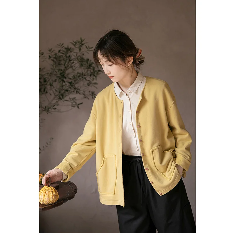 

Autumn and winter yellow soft fluffy terry cloth round collar open placket knitted cardigan coat