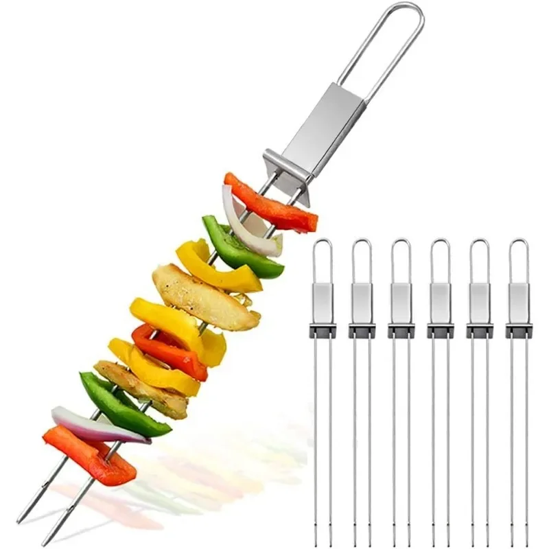 Reusable Barbecue Needle Wide Flat Barbecue Fork Stainless Steel Double Needle Skewers Household Accessories