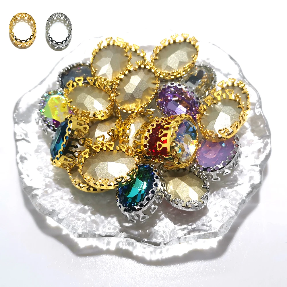 

Colorful Oval Glass Sew On Claw Rhinestones With Sliver/Golden Nest Shape Base Glitter Crystal Stones DIY Clothing Accessories