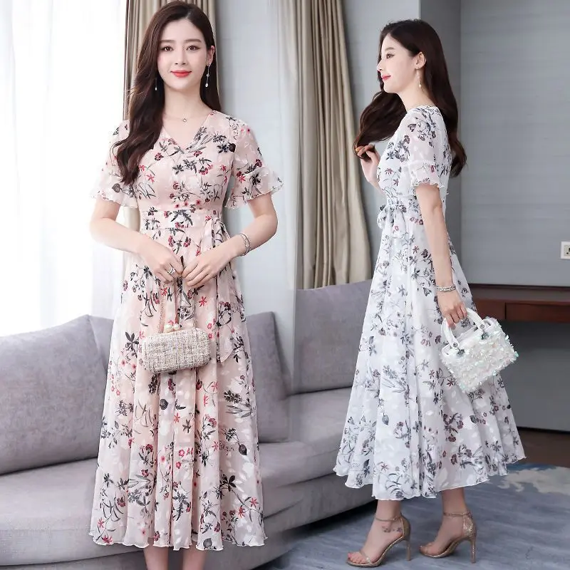 Elegante Abito Midi Floreale da Donna, Nuovo Modello Estivo con Maniche a Campana, Gonna Super Fairy, Vestibilità Slim, Vita Alta, Trendy, Maniche Lunghe, Stile Street