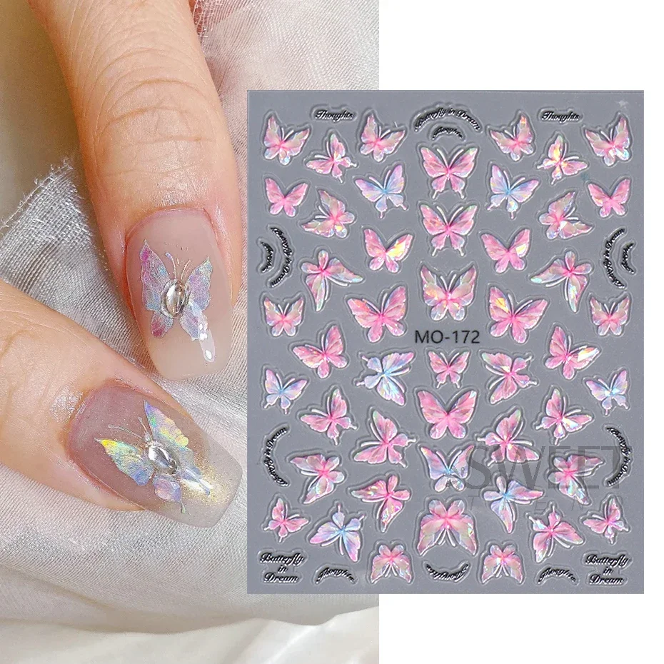 Acrylic Engraved Butterfly Nail Manicure Sticker Holographic Crystal Fairy Rose Flowers Adhesive Decals Charm Spring Foils Wraps