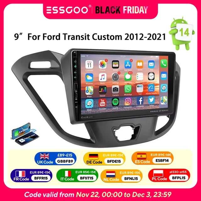 ESSGOO 9" Android 13 pour Ford Transit Custom 2012-2021 Autoradio CarPlay Android Auto GPS Navigation WIFI Bluetooth RDS USB Type-C Mirror Link SWC 2 Din Lecteur Multimédia Vidéo 1