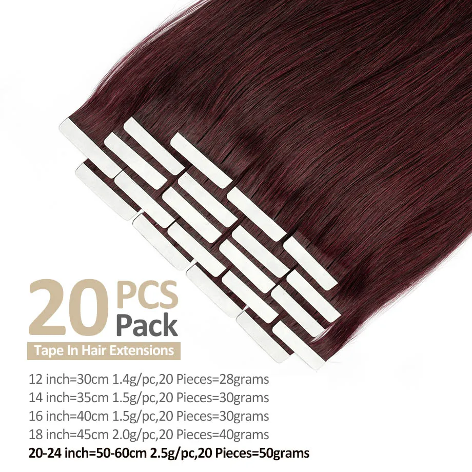 Wine Red Tape in Hair Extensions Real Human Hair 12-24