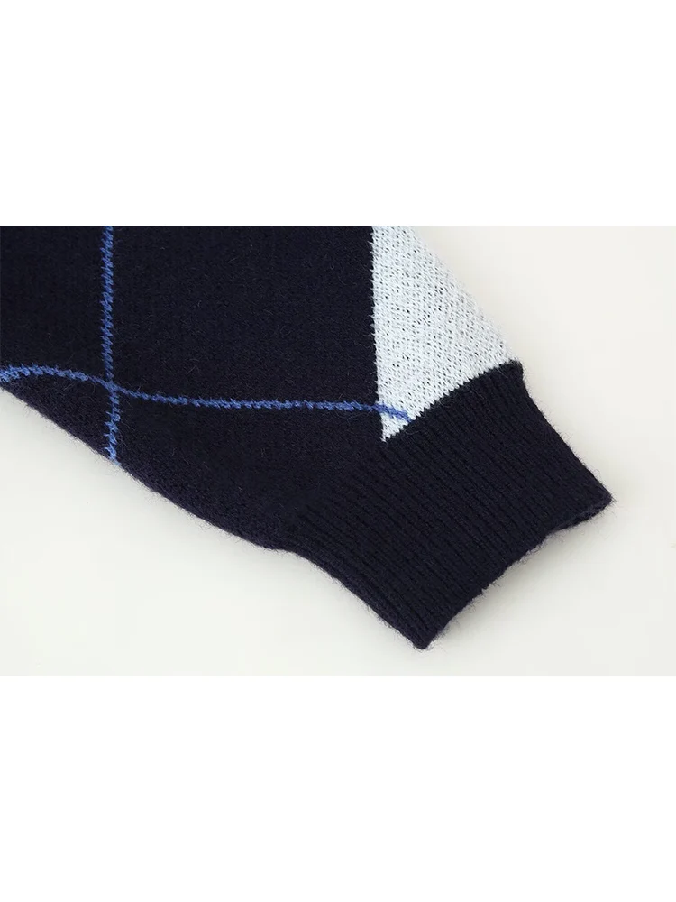 2025 New Women Vintage British Style Knitted Top Elegant Argyle Printed Fashion Pullover Sweater Casual Soft Ladies Knitwear
