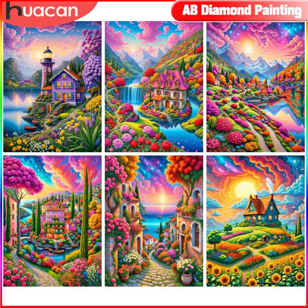 HUACAN Landscape Diamond Painting Set Flower Castle Lake Lighthouse Mosaic Full s Home Decor diamond painting