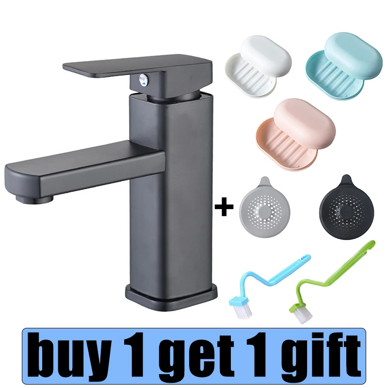 

[BUY 1 Get 1 free] Black Plated Square Stainless Steel Bathroom Basin Faucet Square Vanity Sink Mixer Hot & Cold Lavotory Tap