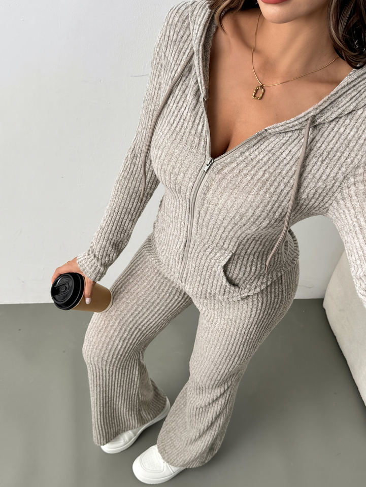  Spring Autumn Fashion Solid Color Sporty Hooded Waist-Cinching Jacket with Pockets And Bell-Ring Knitted Trousers 