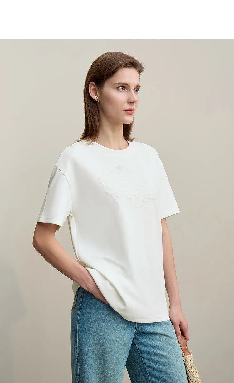 Amii Women's T-Shirt 2026 Summer New Round Neck Drop Shoulder Cotton Tee Lace Embroidered Woman Loose Fit knit Tops 12622048
