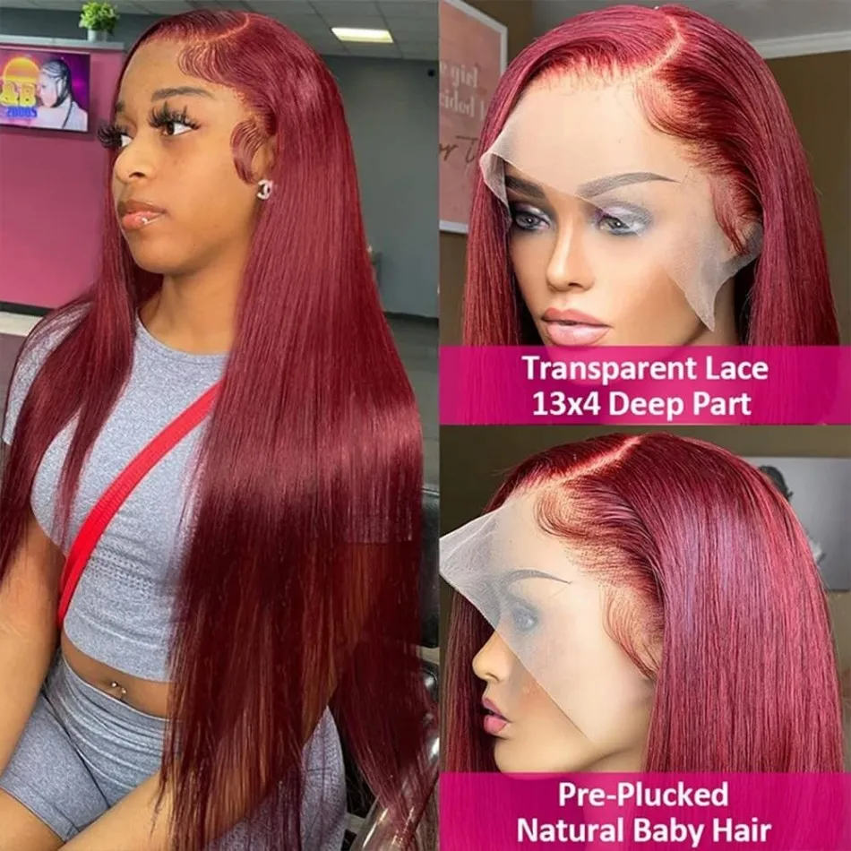 99J Burgundy Straight Human Hair Wigs 13X6 Hd Lace Frontal Wig 220 Density Colored Pre Plucked Brazilian Lace Front Wig 36 Inch
