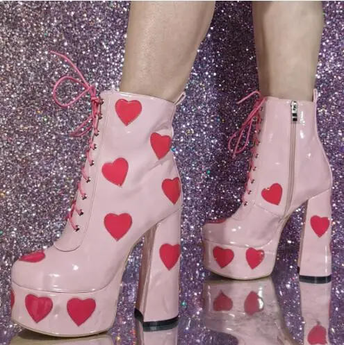 

Pink Lolita Shiny Leather Red Heart Round Toe Platform Cross Tied Lace Up Ankle Boots Women Chunky Square Heels Short Booties
